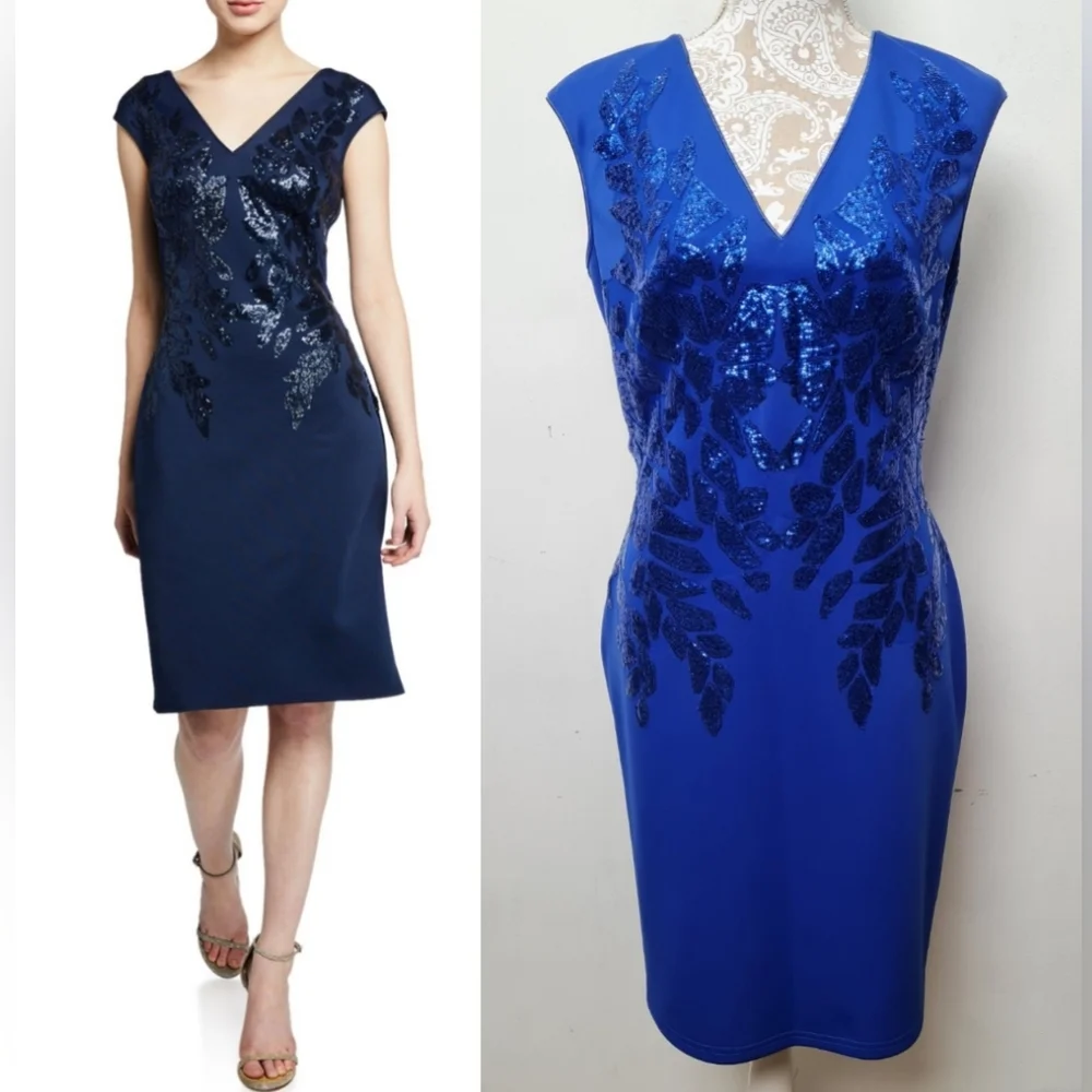 Tadashi Shoji Sequin Capsleeves Neoprene Shift Dress Royal Blue Women's Size L - Picture 1 of 16